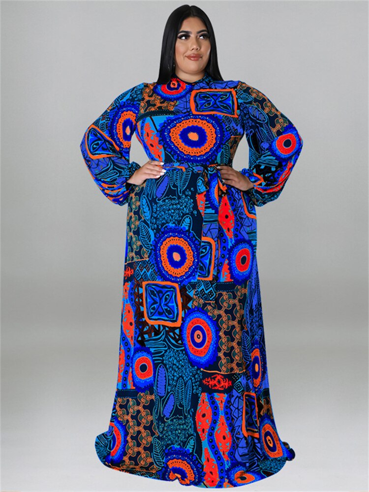 African Print Long Sleeve Maxi Dress Plus to 5X