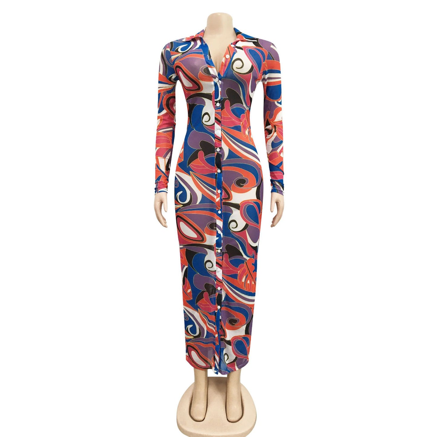 Print Mesh Sheer Bodycon Button Up Long Sleeve Maxi Dress