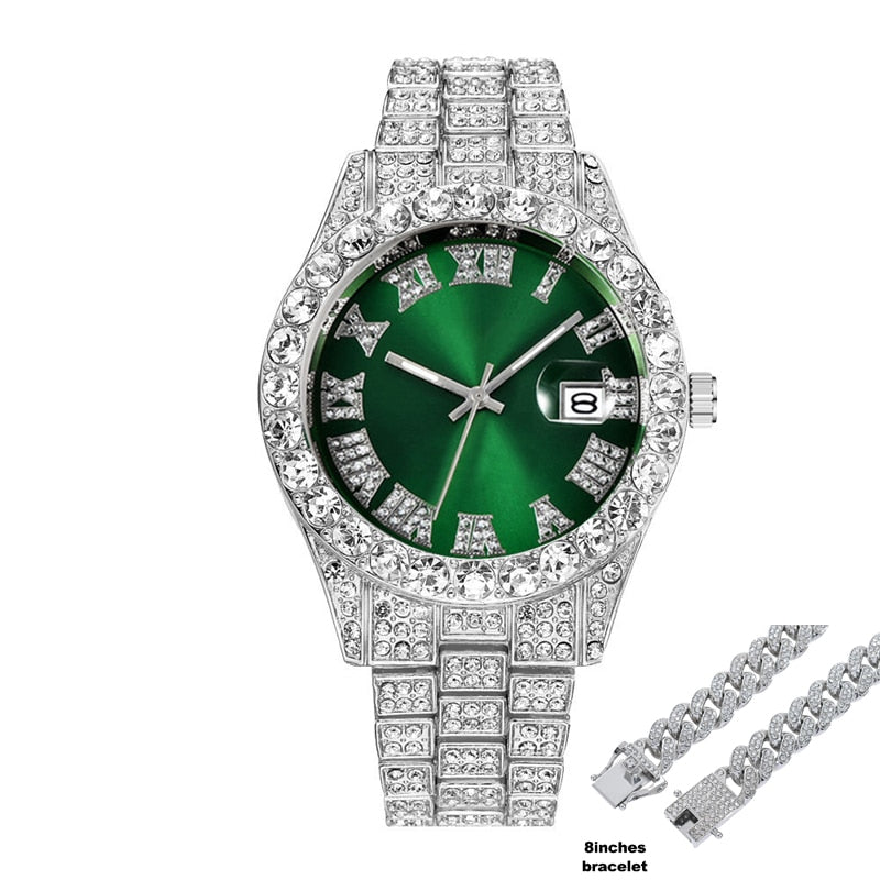 Colored Iced Out Full Diamond Around Luxury Quartz Men's Watches Silve