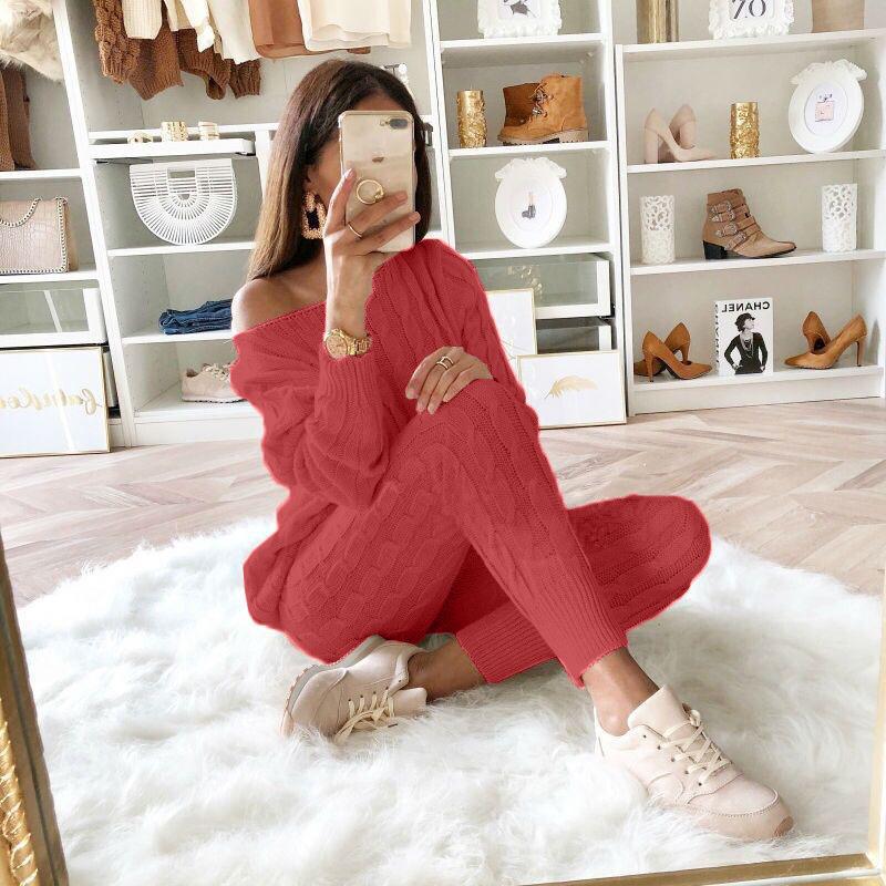 Dropped Shoulder 2-Piece Sweater Set w/ Knitted Pants to 5X