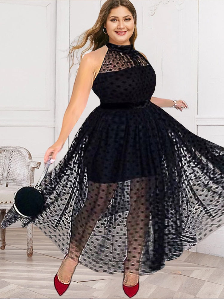 Black Mesh Polka Dot Transparent Sleeveless Ruffle Hem Big Swing Dress to 4X