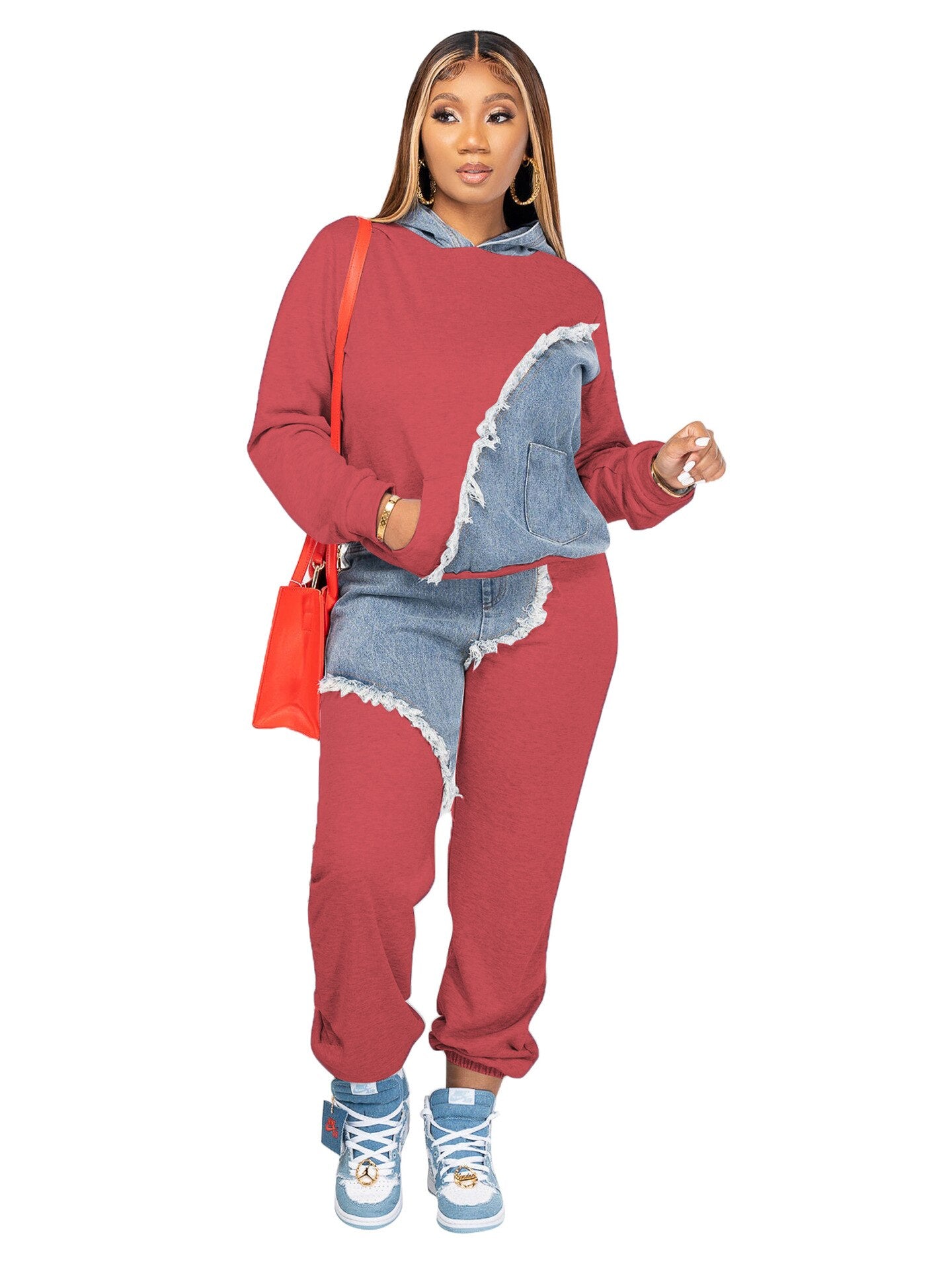 Patchwork Demin Decor Hoodie & Sweatpant Matching 2-Piece Set Plus to 4X