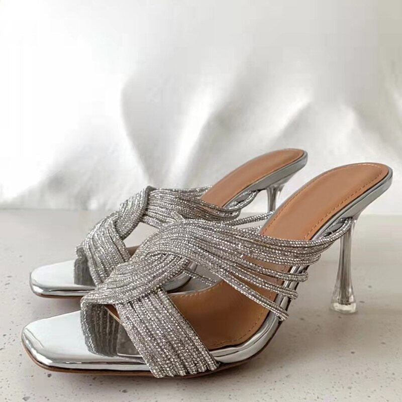 Rhinestone High Heel Peep Toe Crystal Cross Strap Mule Sandals