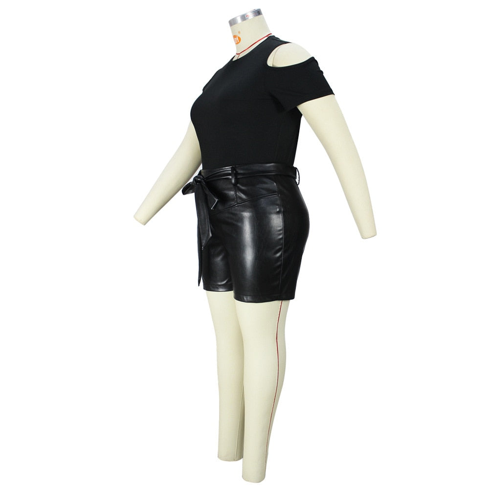 Black Solid Ladies PU Leather Shorts & Bodycon T-Shirt 2-Piece Set Plus Size to 4X