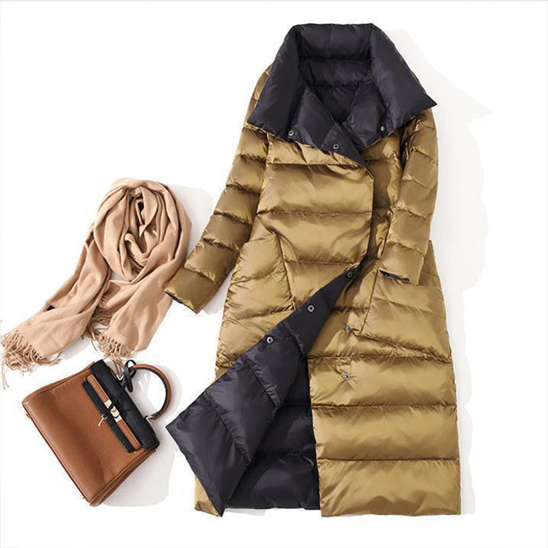 Women's Double Sided Down Down Coat Double Breasted Trench Coat