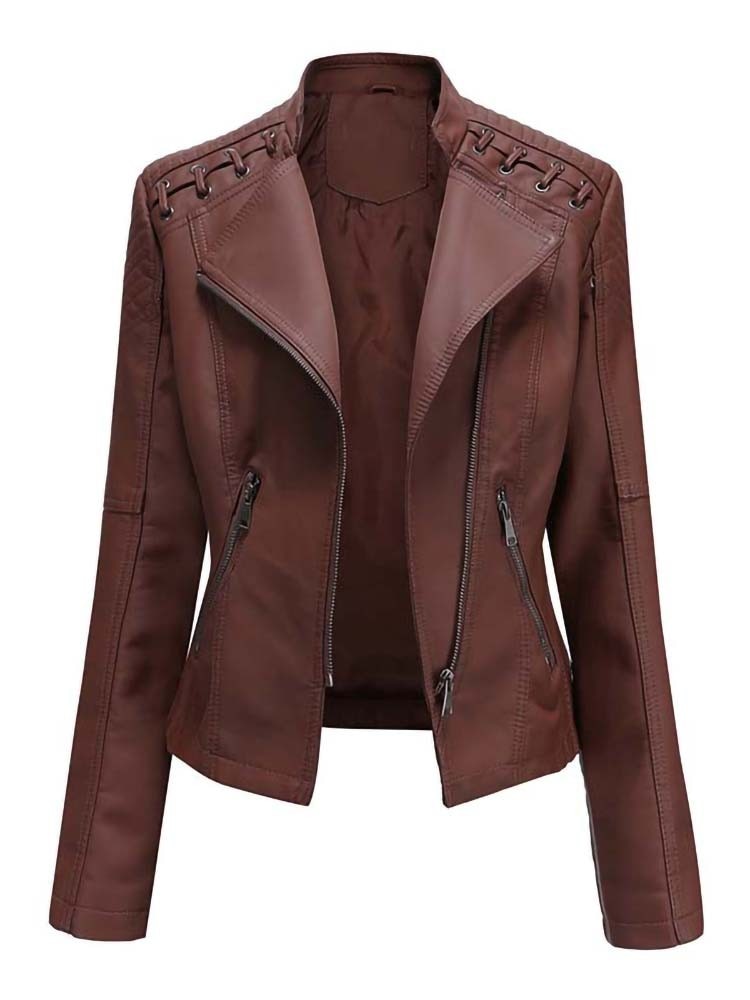 Faux Leather Ladies Zipper Slim Biker Motorcycle Jacket