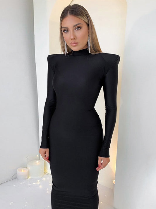 Shoulder Padded Long Sleeve Bodycon Club Maxi Dress