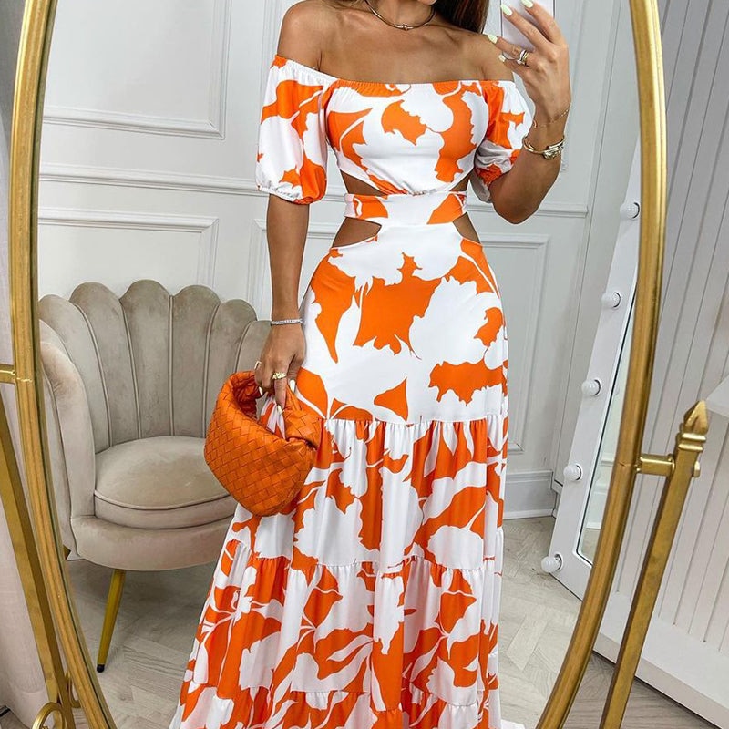 Off-Shoulder Floral Printed Cut-Out Lace-Up Dress