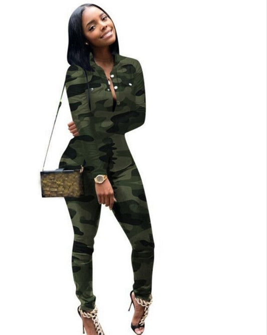 Camoflauge Long Sleeved Button Up Blouse & Matching Pants 2-Piece Set