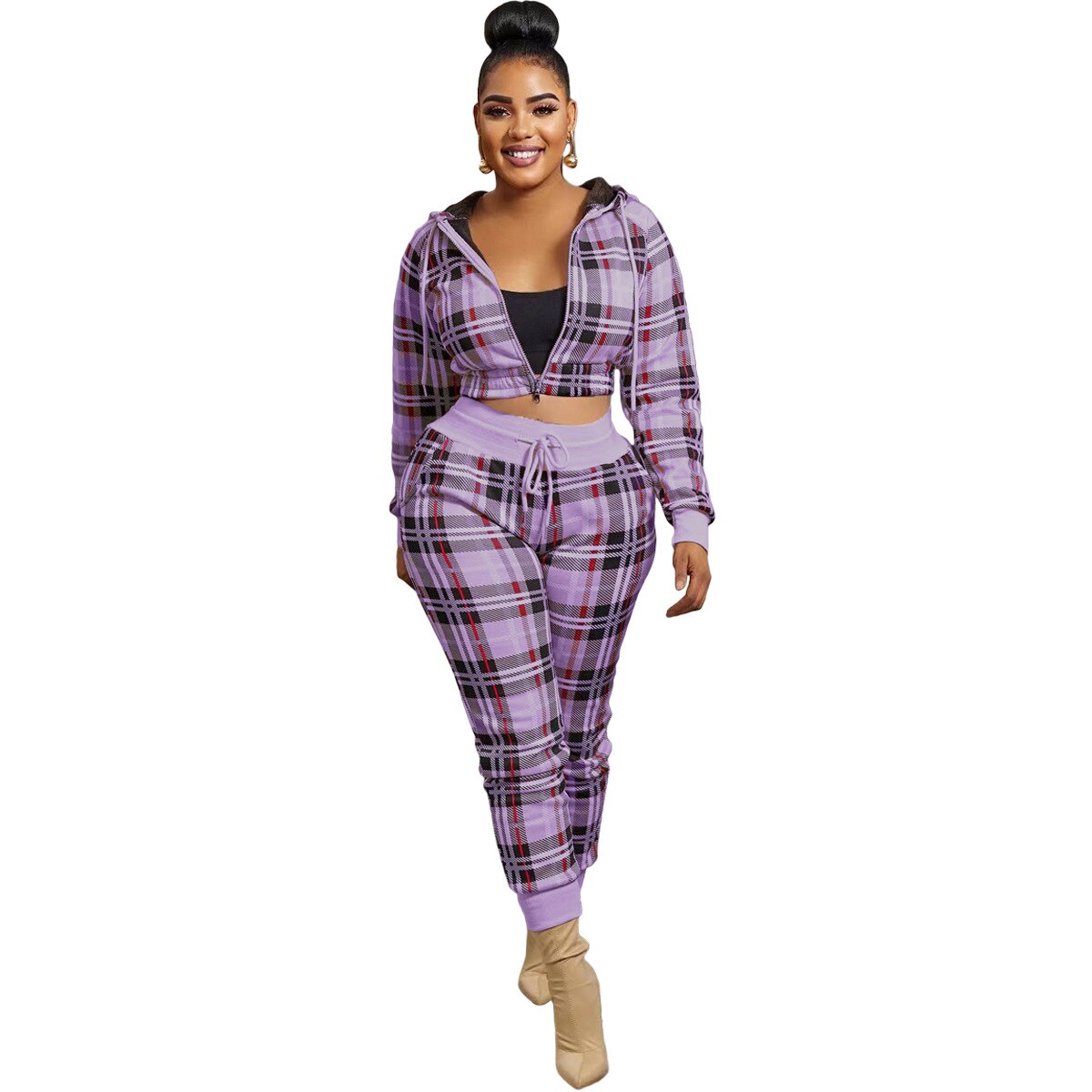 Plaid Ladies Long Sleeve Cropped Zipper Jacket + Matching Sweatpants Tracksuit to 3X Plus Size