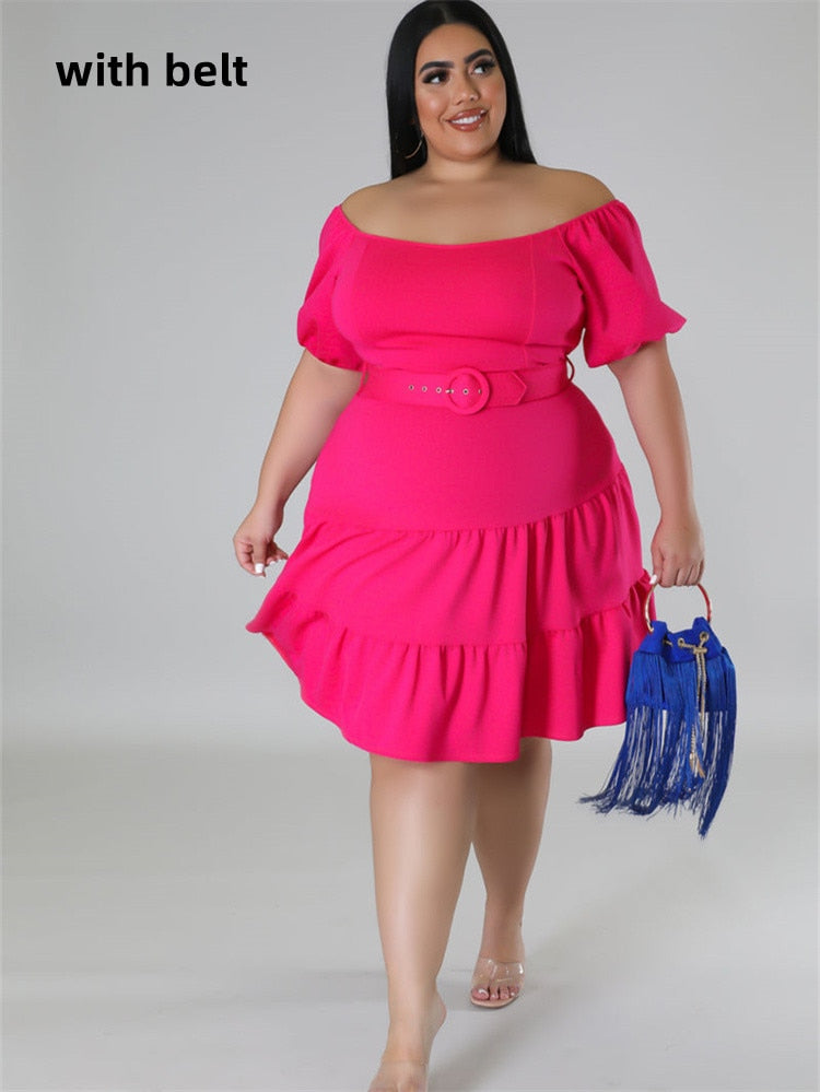 Off Shoulder Midi Dress w/ Belt Plus to 5X