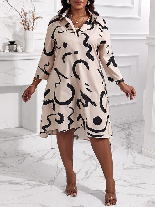 Geometric Abstract Printed V-Neck Loose Long Sleeve Shirt Dress to 4X Plus