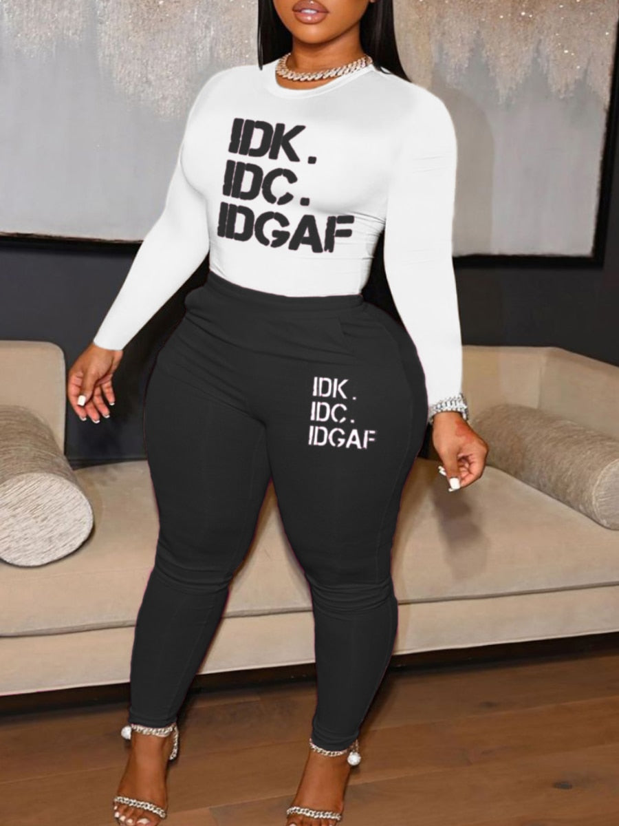 Tune Squad /Heart / IDK IDC IDGAF Printed Long Sleeve Women's O-Neck T-Shirt + Pants 2-Piece Set to 5X Plus Size