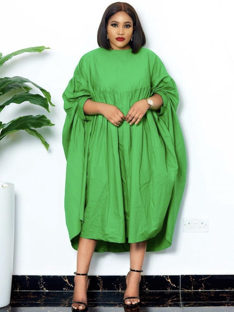 Solid Oversized Loose Long Sleeve O-Neck  Pleated Baggy Robe Dress-ONE SIZE