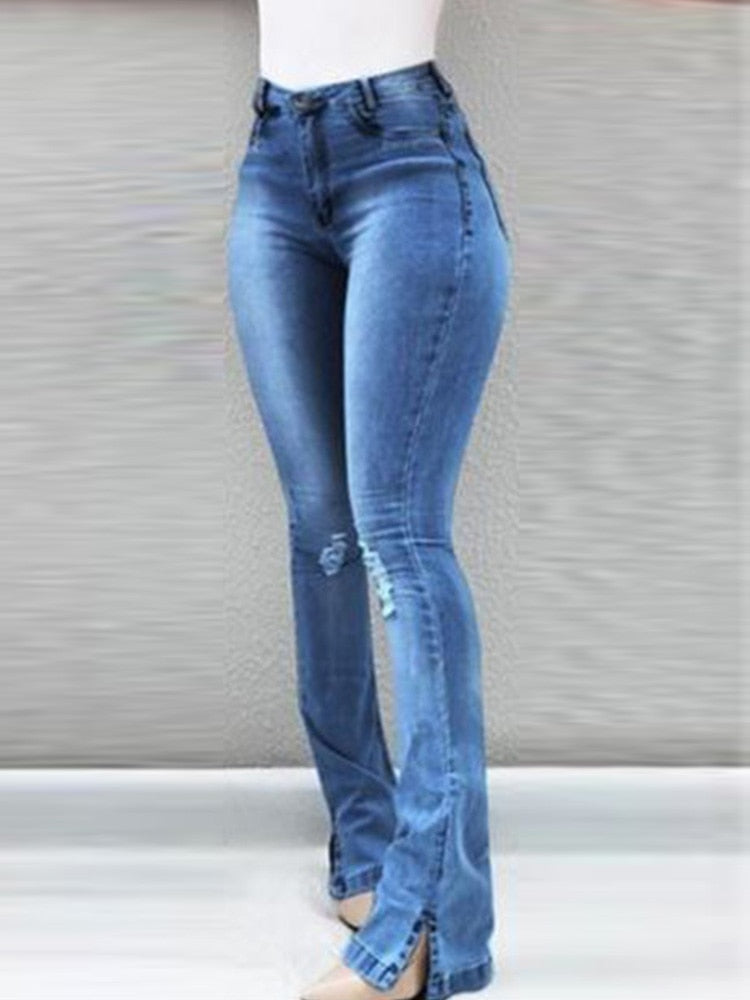 High Waist Ripped Bell Bottom Jeans