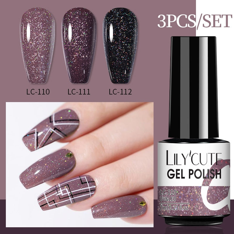 3 Piece Gel Polish Set: Winter Color Glitter Sequin Matte Effect Gel, Long Lasting Base Top Coat Nail Art Design