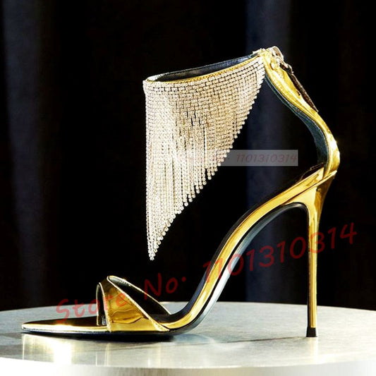 Crystal Tassel Pointed Toe Stiletto Sandals