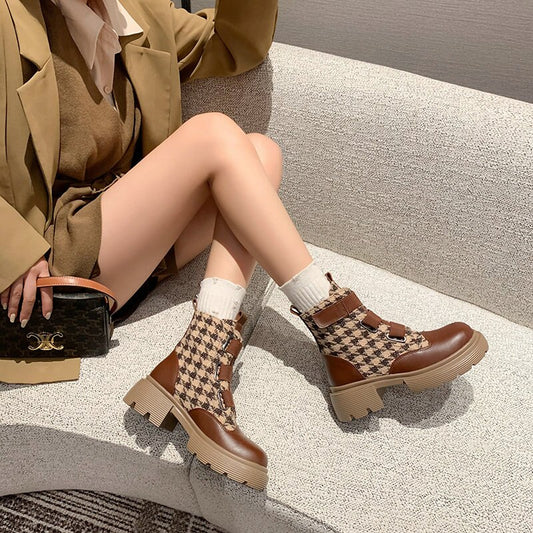 English Houndstooth Plaid Women's Genuine Cow Leather Checker Print Round Toe Martin Ankle Boots