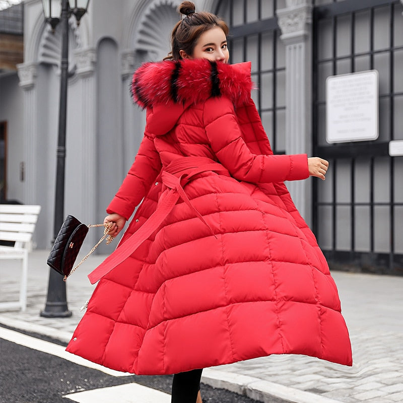 Quilted Hooded Goose Down Women's Bow Belt Fox Fur Collar Trenchcoat