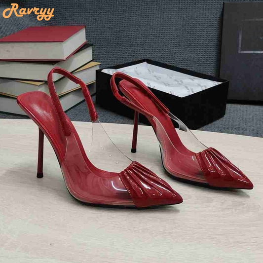 PVC Cover Pointed Toe Patent Leather Pleated Stiletto Heel Back Strap Sandal Pumps