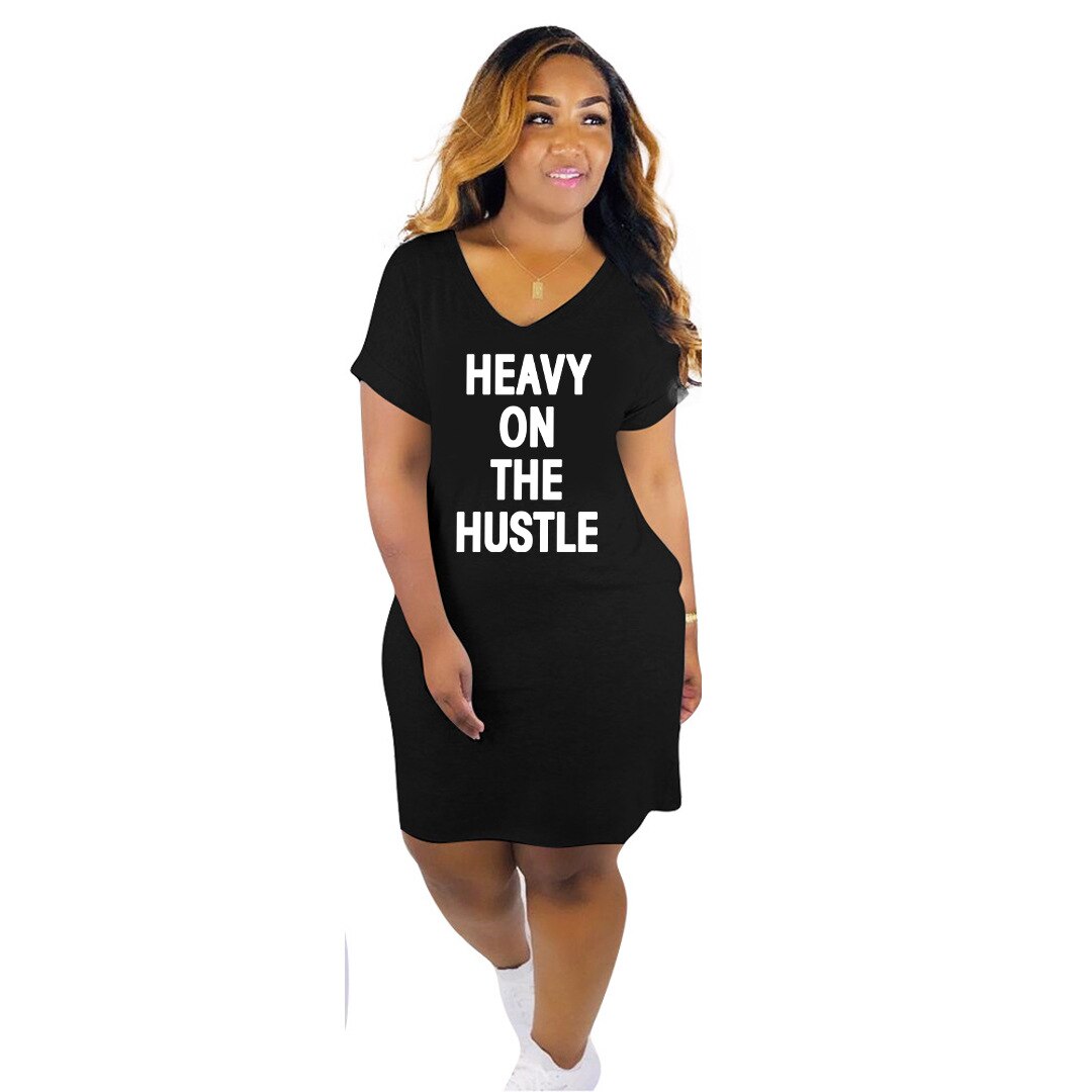 "Heavy On The Hustle" V-Neck Oversized T-Shirt Dress w/ Pockets to 3X Plus Size