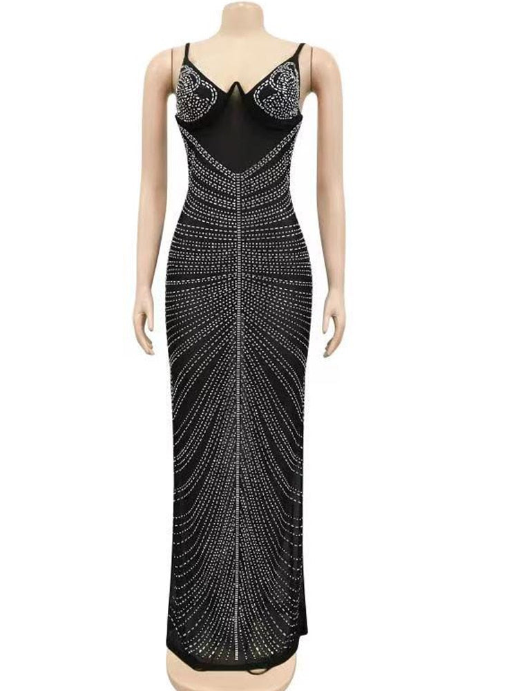 Mesh Sheer Rhinestones Spagetti Strap Crystal Maxi Dress Gown