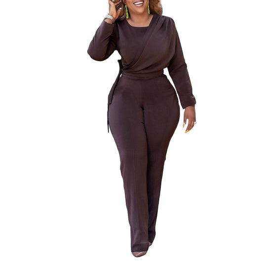 Solid Draped Wrapped Wide Leg Long Sleeve Jumpsuit to 3X Plus