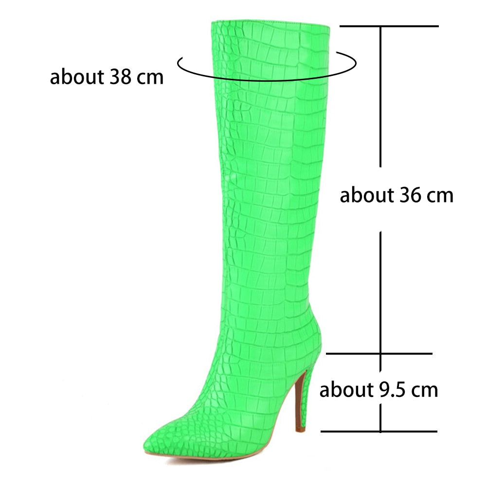 Neon Pointed Toe Stiletto Heel Knee High Women's Boots