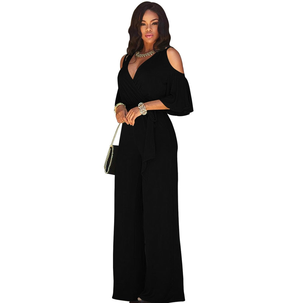 Bandage V-Neck Wide Leg Long Sleeved Jumpsuit