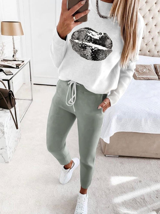 Geometric/Solid/Striped Printed Long Sleeve Top & Pants Women's Tracksuits