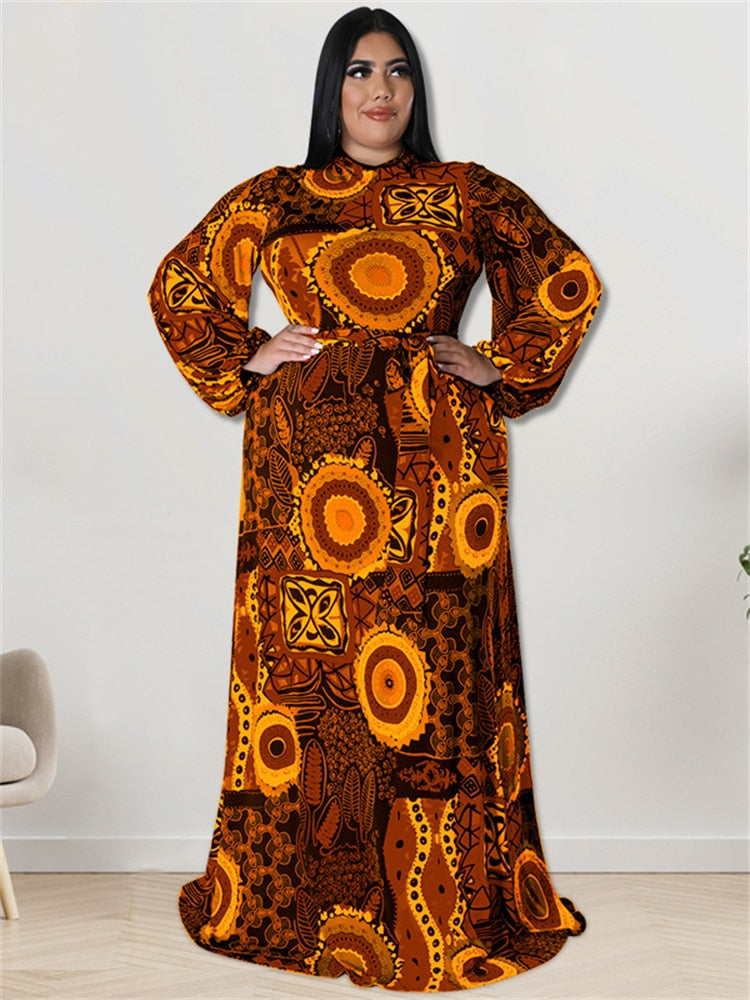 African Print Long Sleeve Maxi Dress Plus to 5X