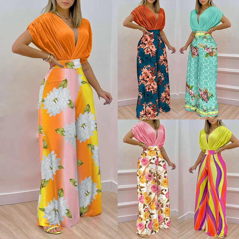 Floral V-Neck Printed Wide Leg Jumpsuit