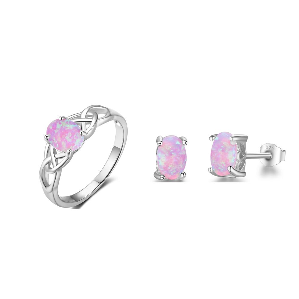 Pink Opal Ring, Pendant Necklace + Stud Earrings Jewelry Set