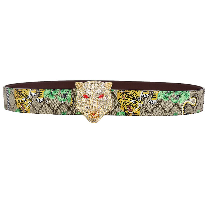 Unisex Gold/Silver Tiger/Dragon/Eagle/Butterfly Pattern Alloy Smooth Buckle Diamond Leopard Head Leather Belts