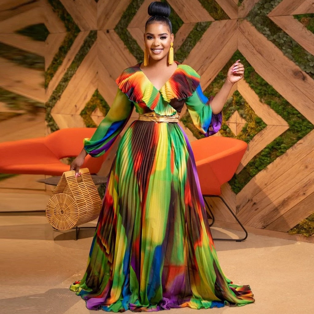 Pleated Ruffled Gradient Rainbow Colorblock Long Sleeve Maxi Dress