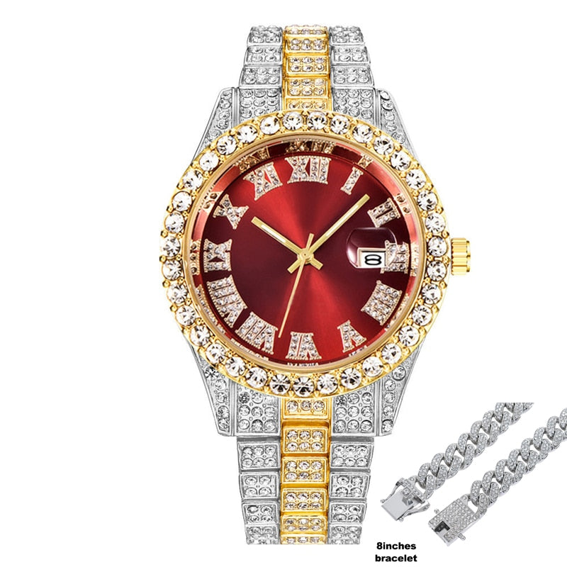 Colored Iced Out Full Diamond Around Luxury Quartz Men's Watches Silve