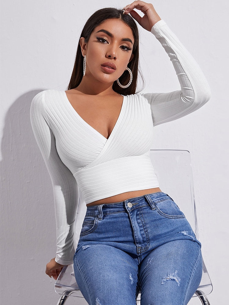 Cropped Long Sleeve V-Collar Bare Midriff Stretch Top