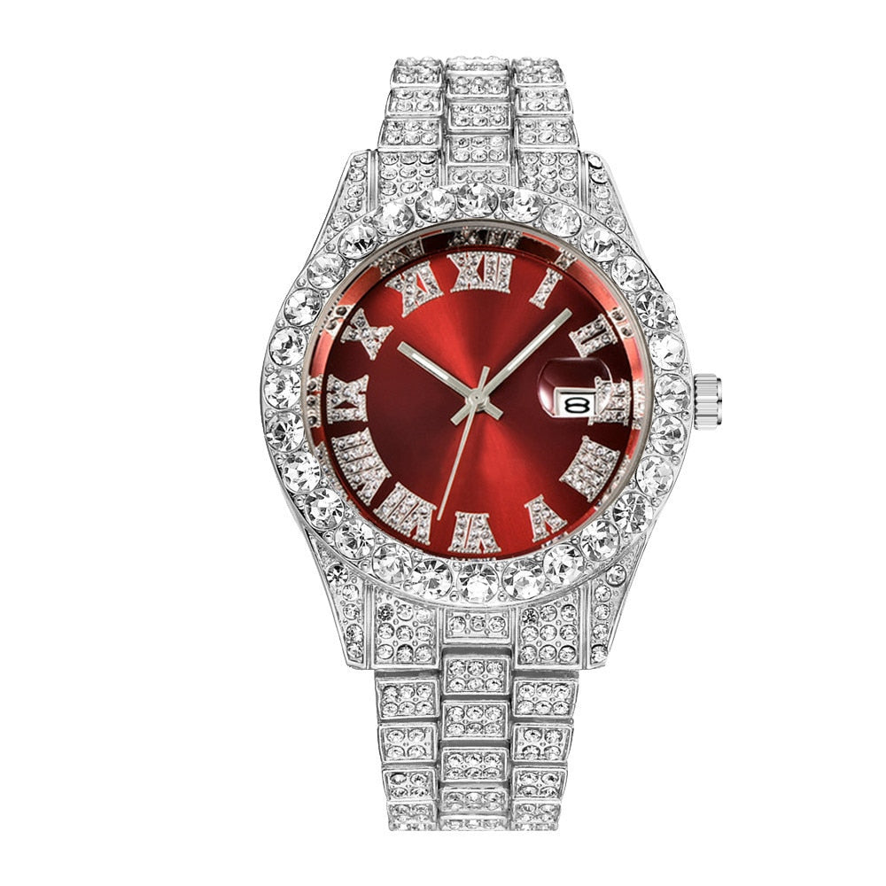 Colored Iced Out Full Diamond Around Luxury Quartz Men's Watches Silve