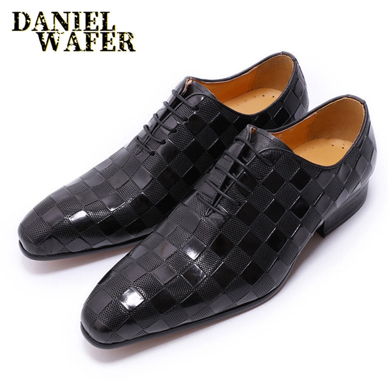 Men's Italian Leather Plaid Print Lace-Up Oxford Dress Shoes