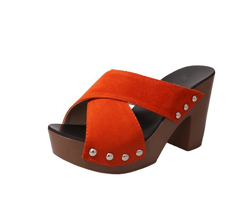 Square High Heel Platform Flock Rivet Peep Toe Sandals