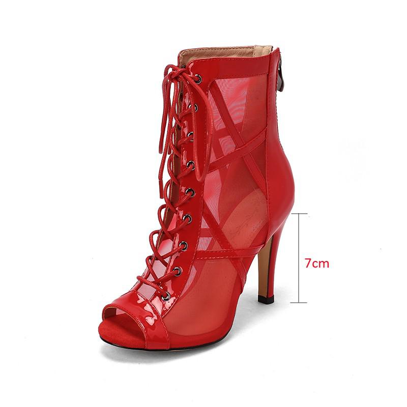 Patent Leather Patchwork Mesh Cross Tie Up Open Toe Ankle Boots