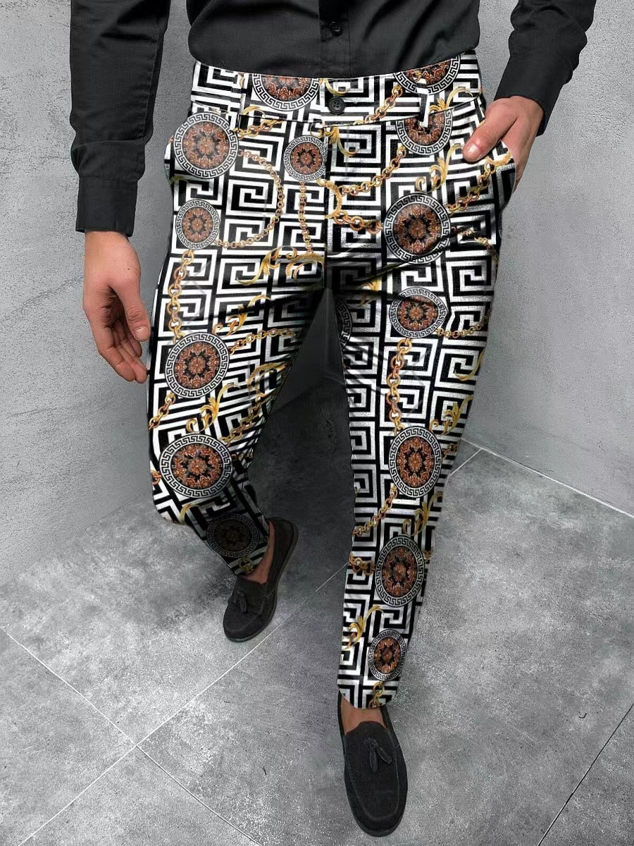 Men's Designer Print Business Mid Waist Zipper Straight Pants