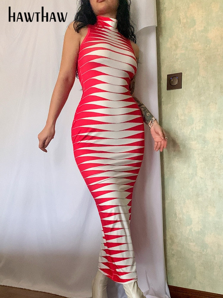 Sleeveless Striped Printed Bodycon Pencil Maxi Dress