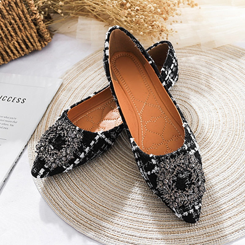 Pendant Detail Pointed Toe Office Ladies Plaid Flats