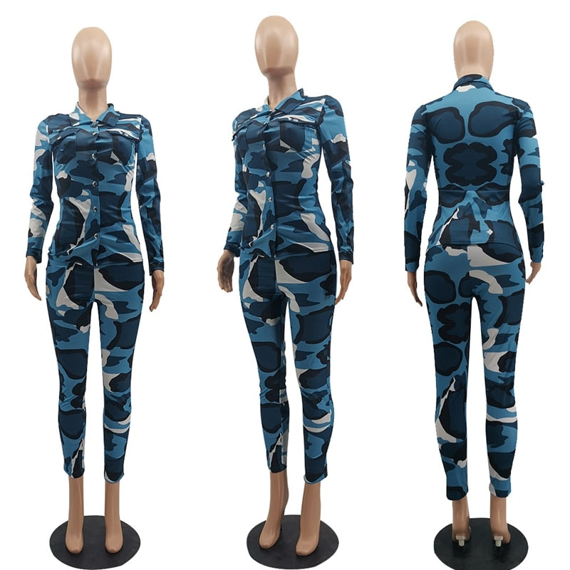 Camoflauge Long Sleeved Button Up Blouse & Matching Pants 2-Piece Set