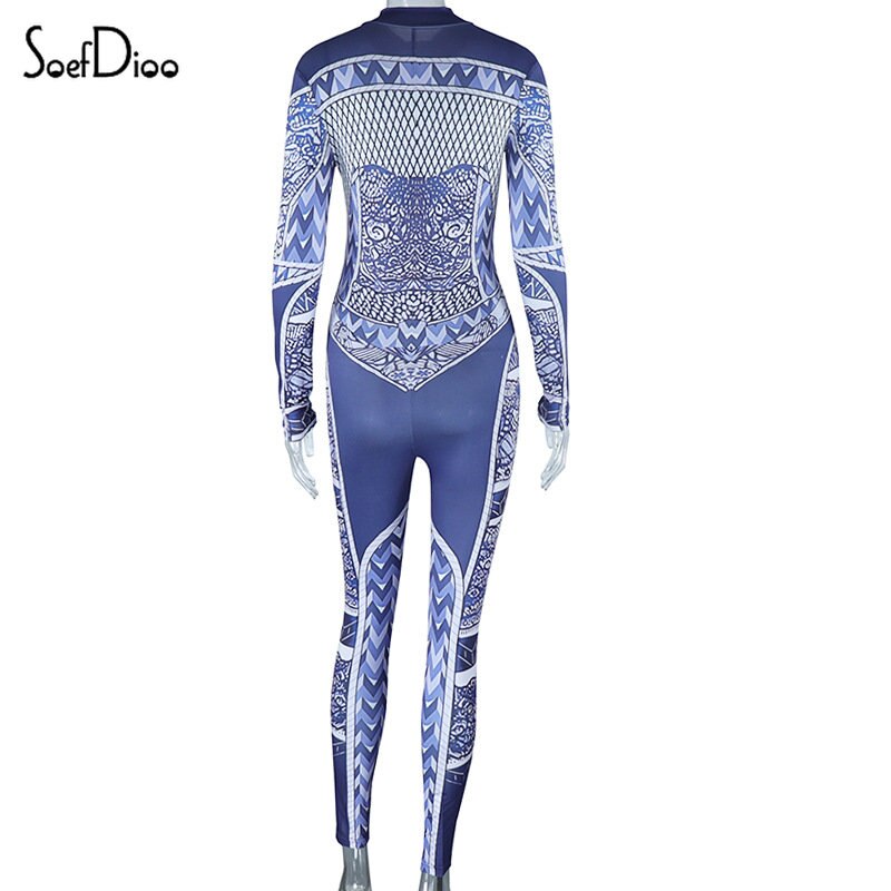 Aesthetic Print Zipper Long Sleeve Bodycon Jumpsuit