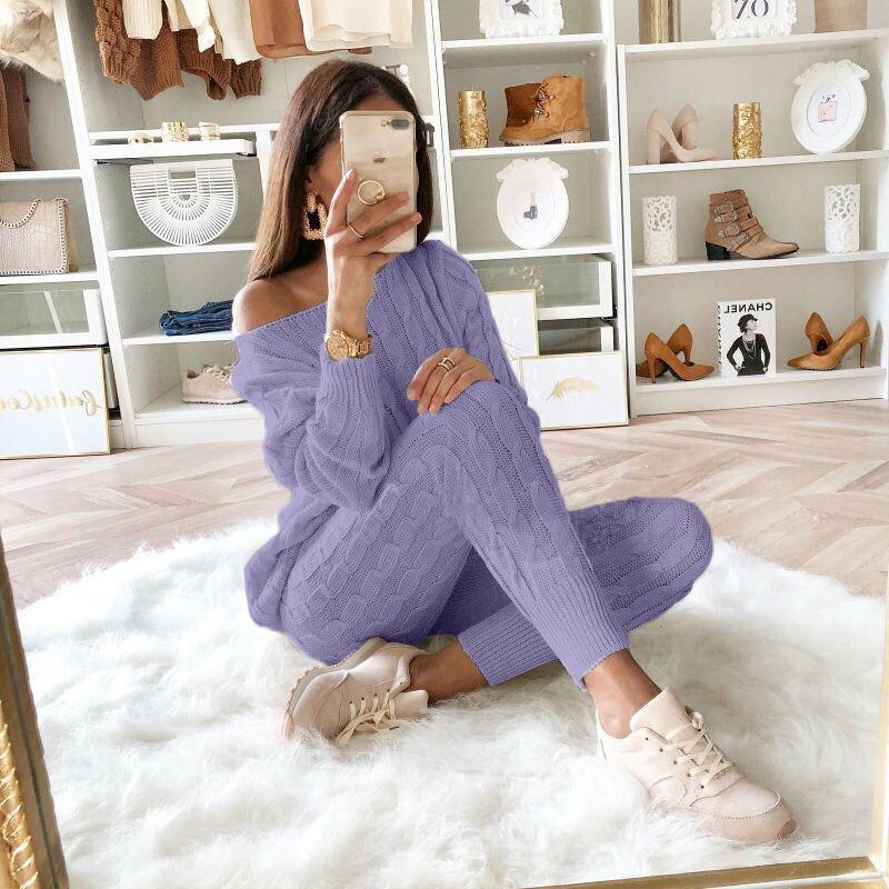 Dropped Shoulder 2-Piece Sweater Set w/ Knitted Pants to 5X