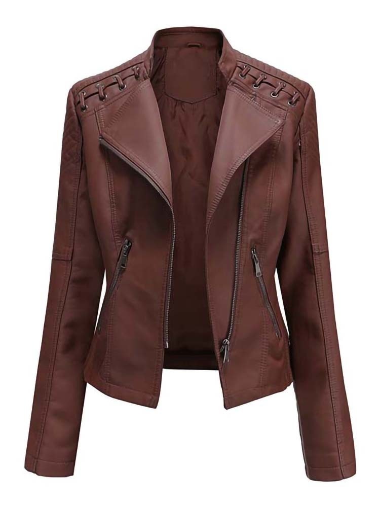 Faux Leather Ladies Zipper Slim Biker Motorcycle Jacket