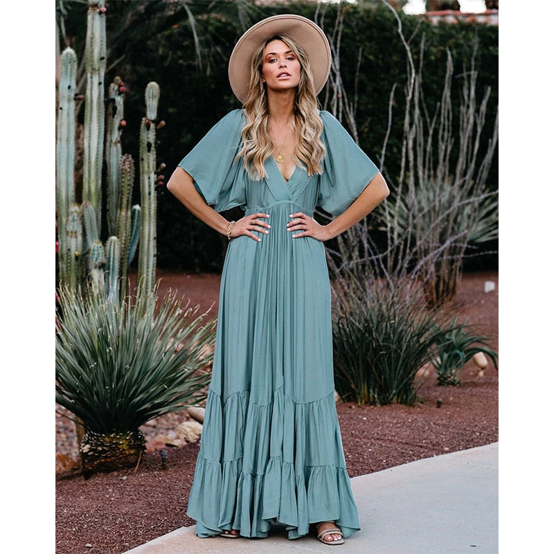 Tiered Vintage Pleated Solid Deep V-Neck Short Sleeve Maxi Dress