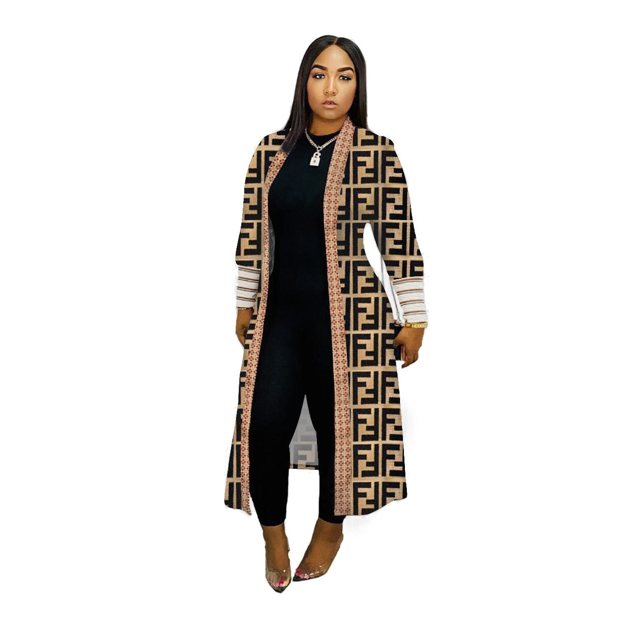 Geometric/Plaid/Leopard Print Ribbed Women's Long Sleeve Maxi Cardigan Sweater